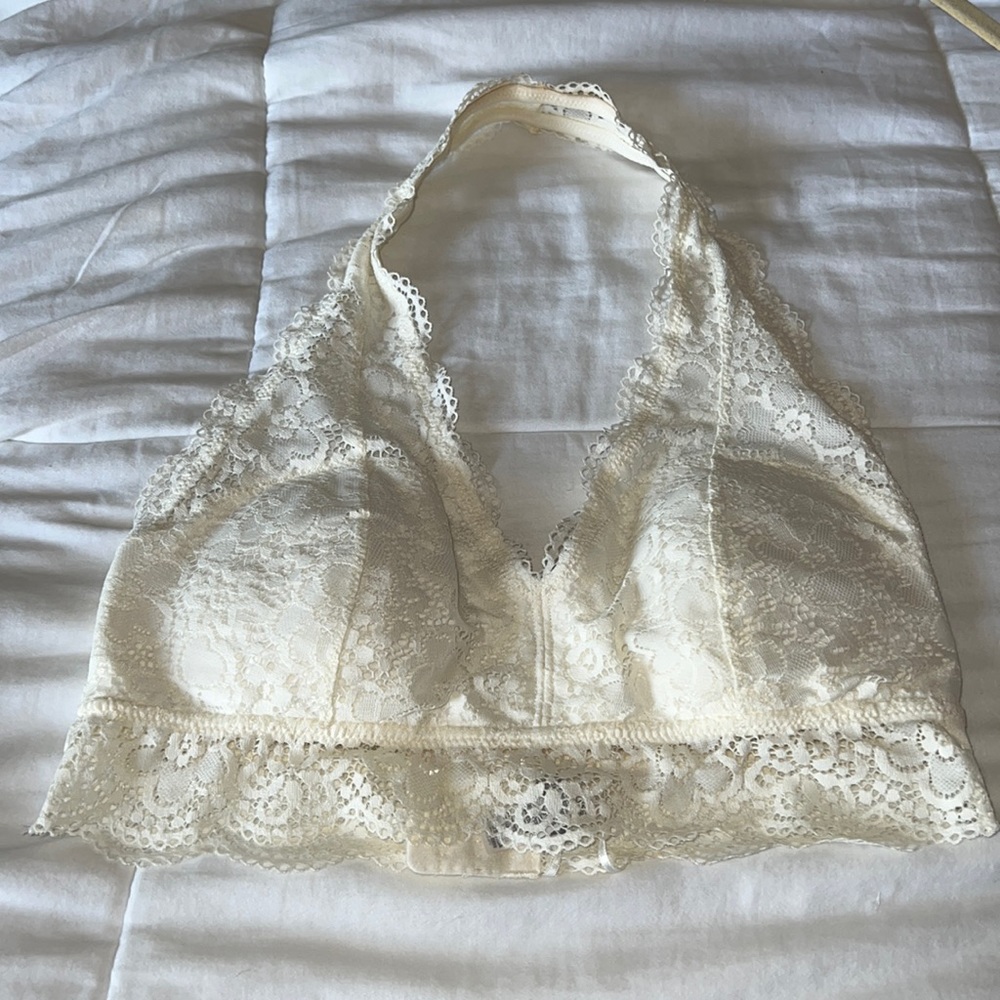 Aerie Cream Lace Lightweight Halter Bra With pads size large